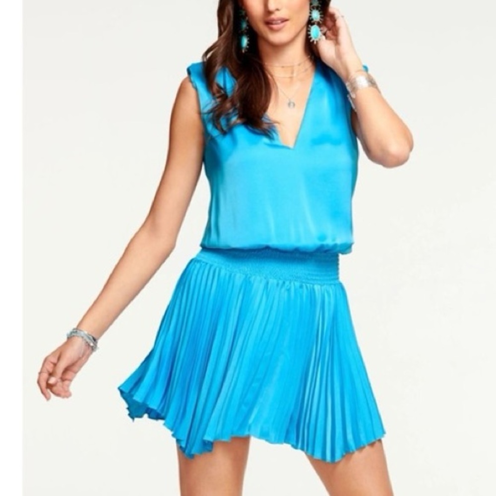 RAMY BROOK Rori Blouson Pleated Mini Dress Turquoise V-Neck Minidress